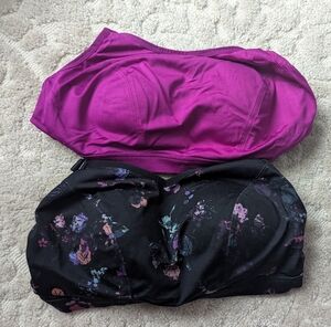 TWO EUC LIVI active low impact sports bras sz 38DDD Black floral and purple!